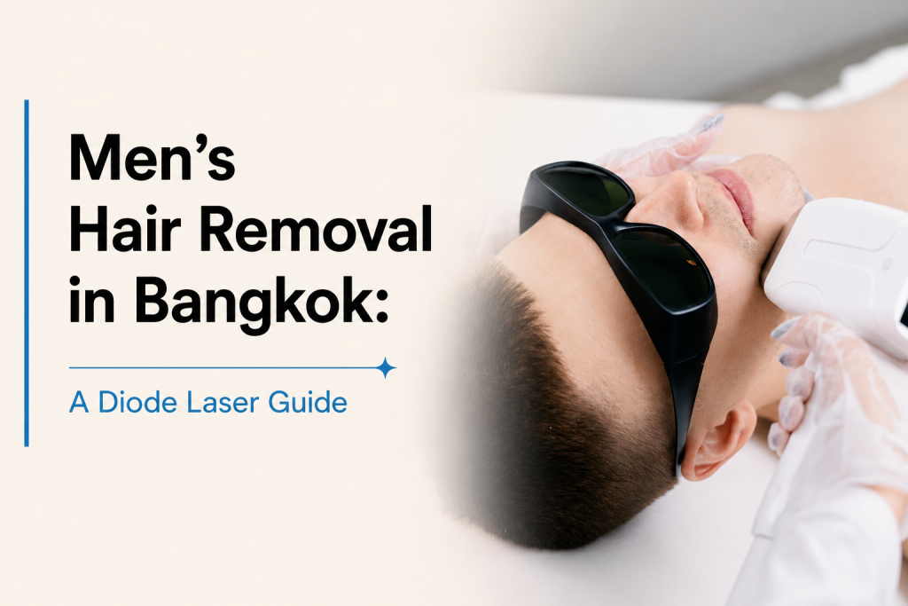 Man receiving diode laser hair removal treatment on the face in Bangkok. Learn about men's laser hair removal, beard reduction, safety, and long-lasting results at Bibi Clinic.