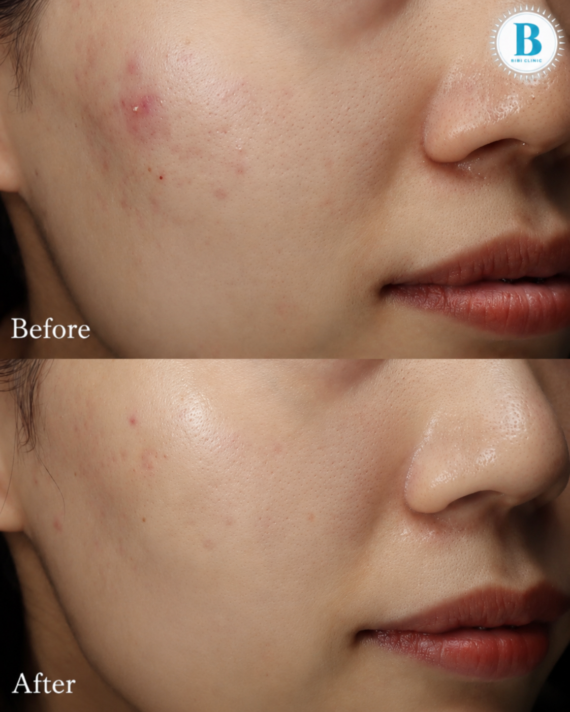Sylfirm X before and after: the cheek before treatment above, and after 3 sessions below, photographed at the same angle and lighting